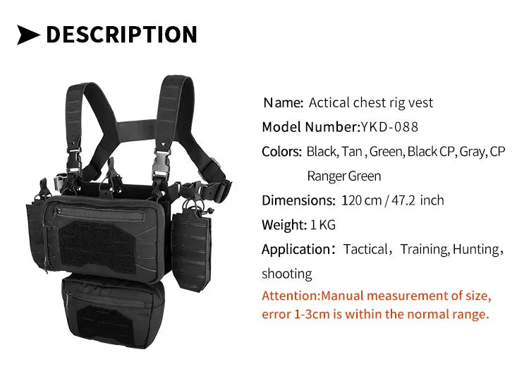 YAKEDA Tactical Chest Mini Rig Vest with Magazine Pouch Adjustable Detachable Laser-cutting Molle Modular Chest Vest