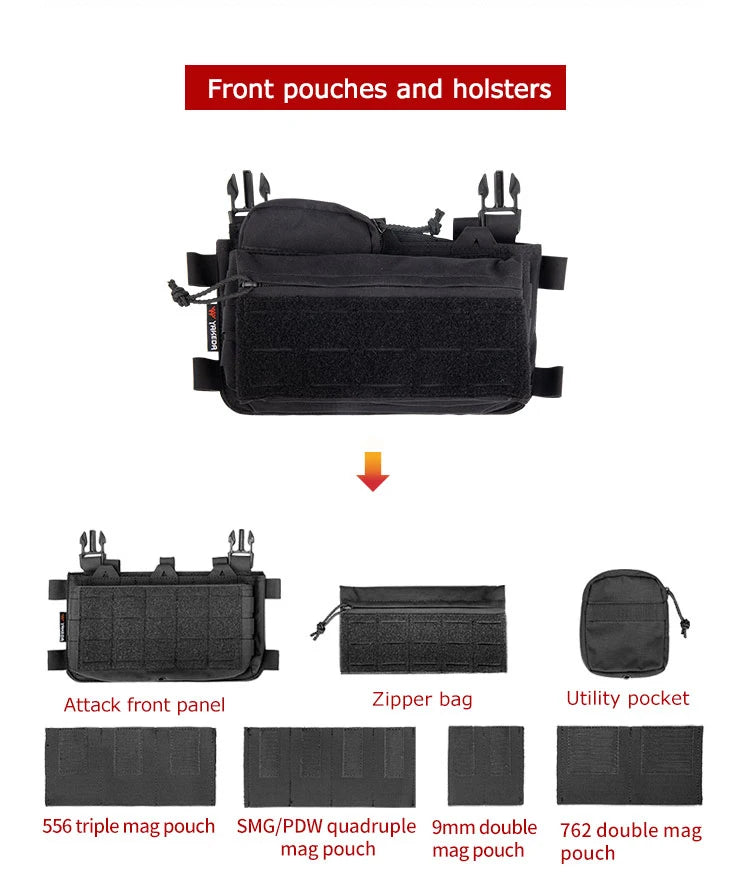 YAKEDA Tactical Chest Rig with 5.56/7.62 Magazine Pouch Holder, Pistol Pouch, Wing Pouch, Molle Dangler Pouch