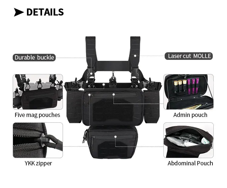 YAKEDA Tactical Chest Mini Rig Vest with Magazine Pouch Adjustable Detachable Laser-cutting Molle Modular Chest Vest