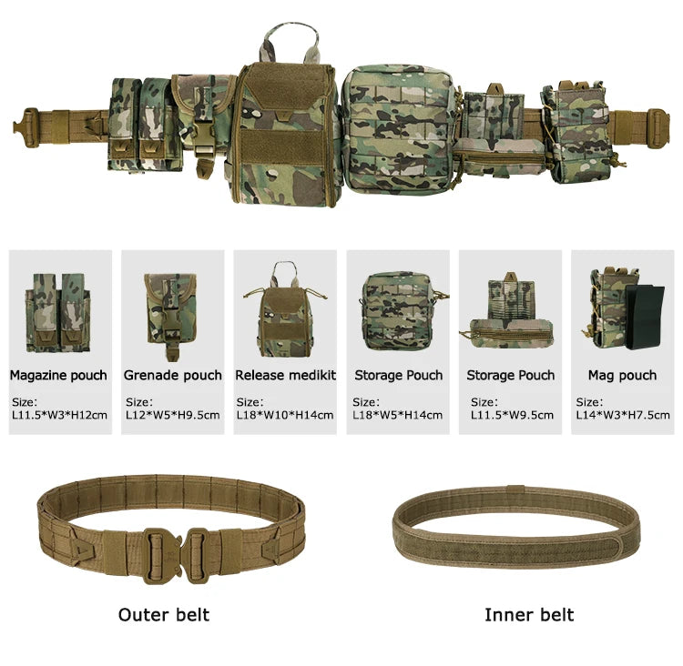 YAKEDA Molle Battle Belt Molle Combat Belt Tactical Combat Airsoft Heavy Duty Belt with Pouches 8-in-1