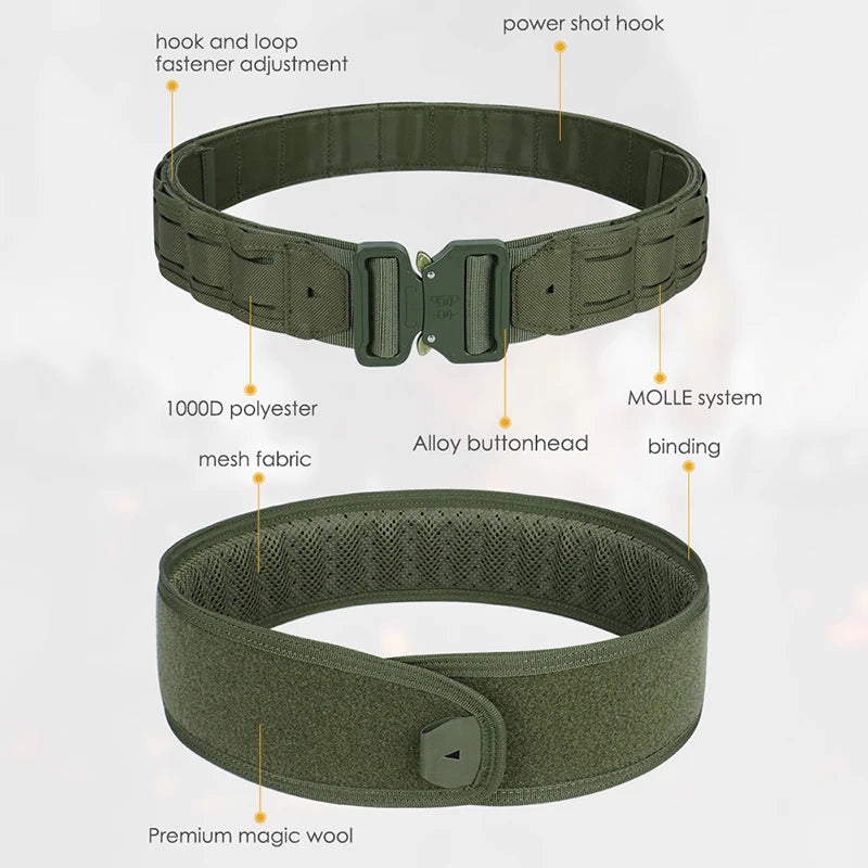 Tactical Belt 3 IN 1 Laser Cut Quick Release Buckle MOLLE Combat Shooting Belt with Inner Belt & Back Support Pad