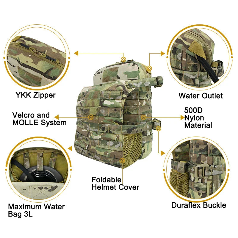 Nylon Tactical Molle Hydration Pack,Molle Hydration Carrier with Helmet Bag Pouch,Hydropack for 3L Water Bladder