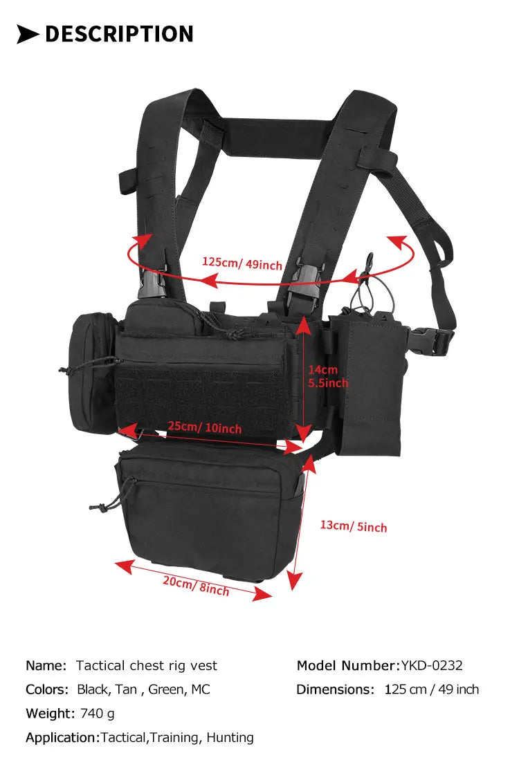 YAKEDA Tactical Chest Rig with 5.56/7.62 Magazine Pouch Holder, Pistol Pouch, Wing Pouch, Molle Dangler Pouch