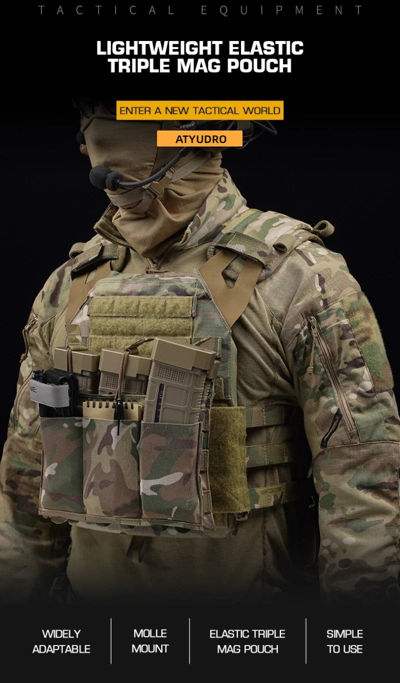 Tactical 5.56/7.62mm Lightweight Elastic Triple Mag Pouch Hunting CS Wargame Molle System Accessories Waist Bag Holster