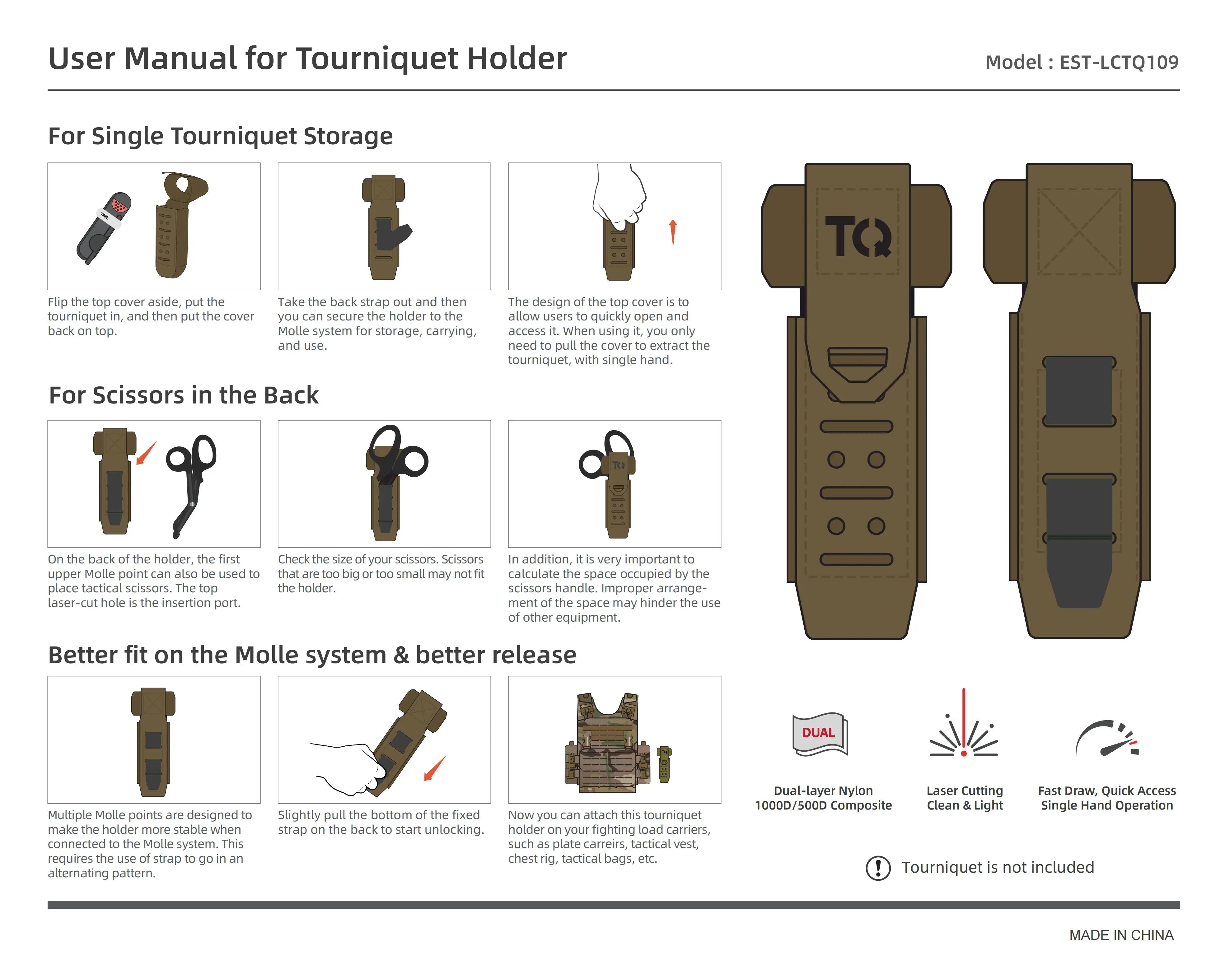 EMS Tourniquet Kit with Molle Tourniquet Holder, TQ Holder Holster Metal Emergency Survival Gear and Supplies