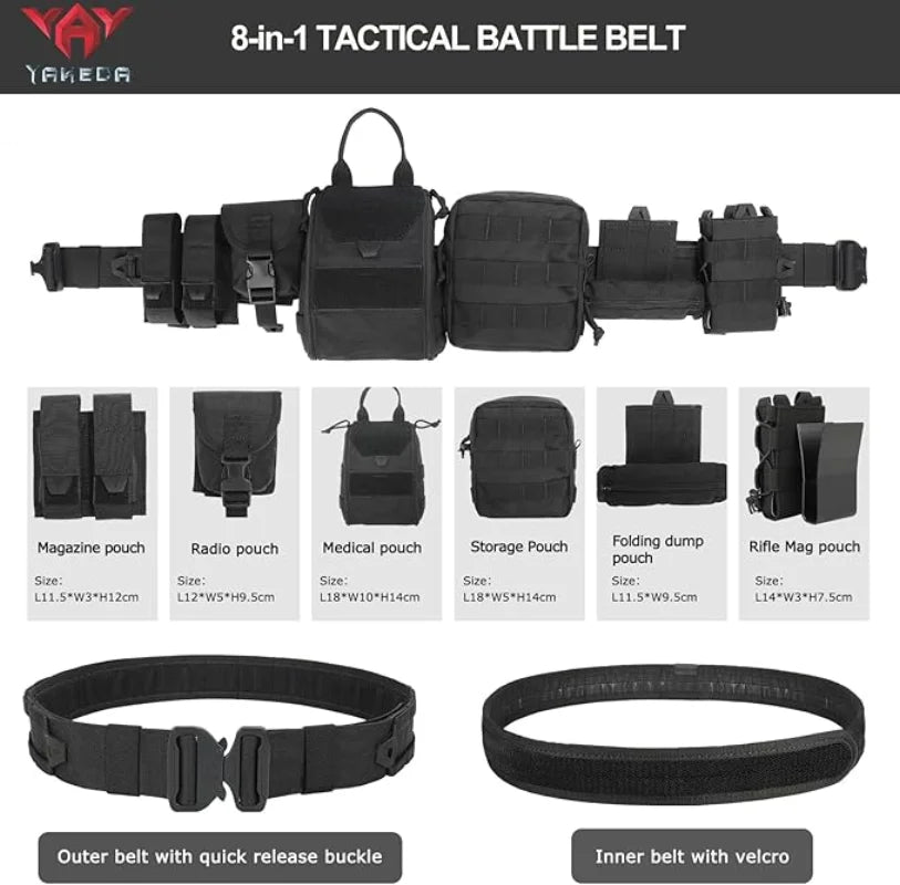 YAKEDA Molle Battle Belt Molle Combat Belt Tactical Combat Airsoft Heavy Duty Belt with Pouches 8-in-1