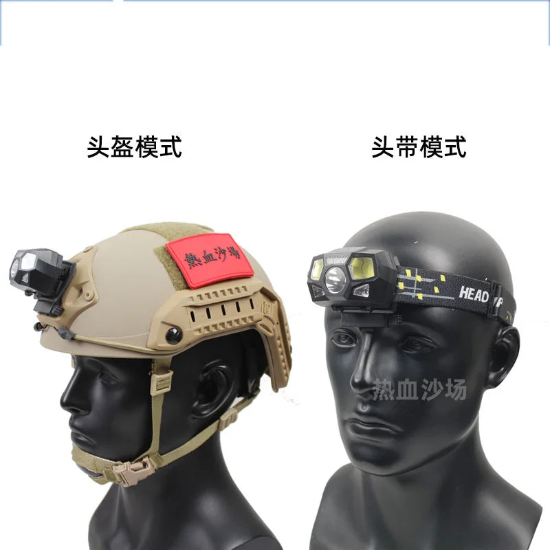 Adjustable Waterproof Multi-position Light Tactical FAST Helmet Headlamp XPE+COB Strong Light
